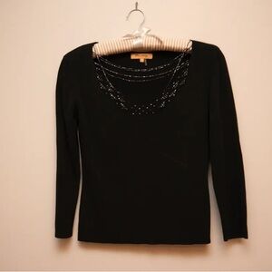 Vince Camuto Black Long-Sleeve Top with Beaded Scoop Neck